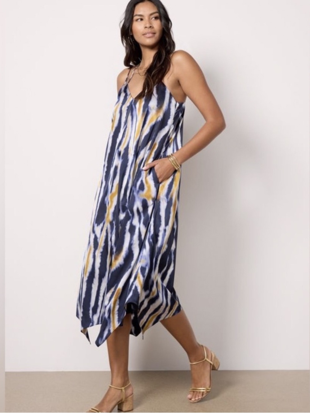 Evereve Strappy Slip Maxi Dress Navy White Gold Silky Resortwear XL